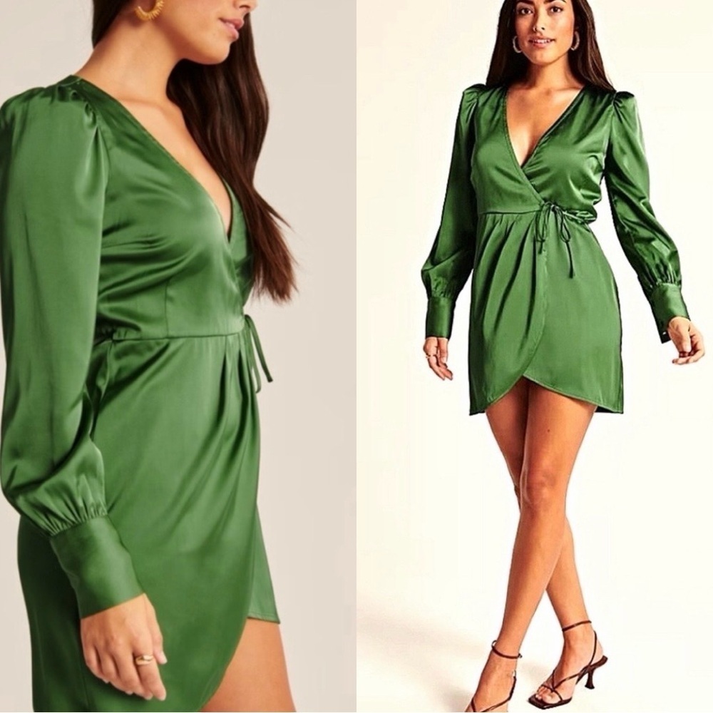 NWT ABERCROMBIE & FITCH Green Satin Wrap Mini Dress Sz S